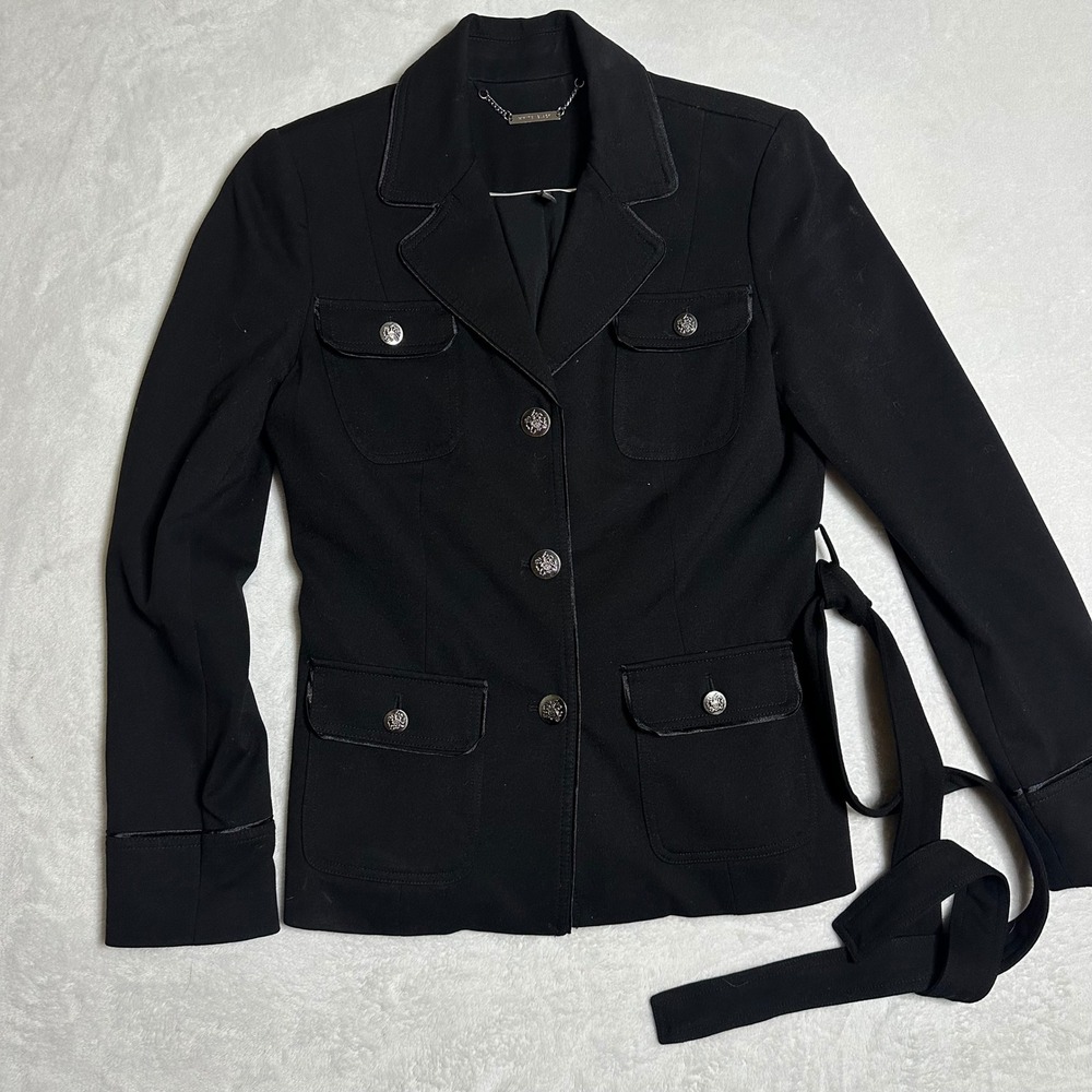 White House Black Market Black Utility Blazer Jacket Size 6 Silver Buttons Belt